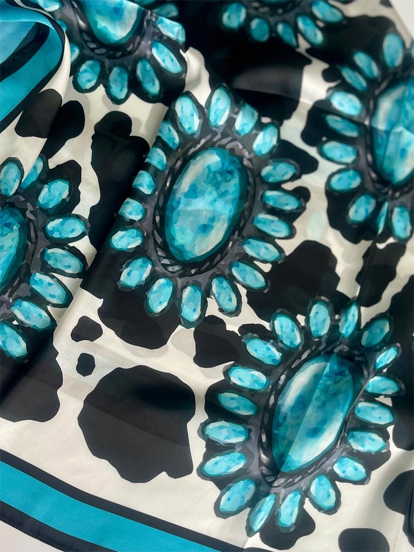 turquoise concho wild rag silk scarf rarebird close up pattern