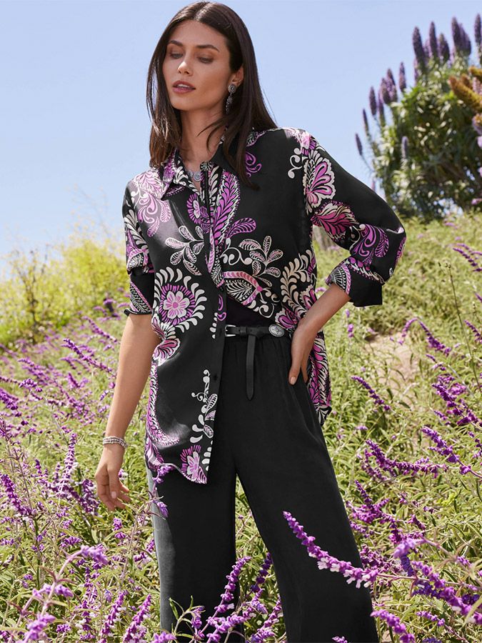Johnny Was melaney relaxed blouse on black hair model lifestyle