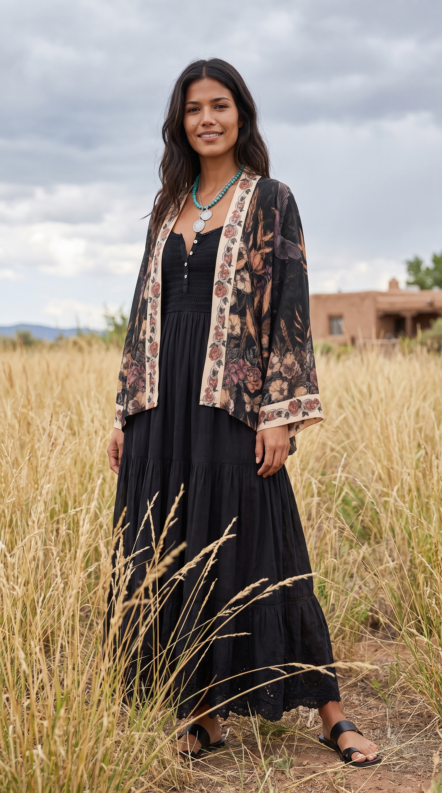 A woman stands in a grassy outdoor field wearing a long black dress with a floral patterned cardigan and black sandals, with a cloudy sky and a small adobe building in the background.