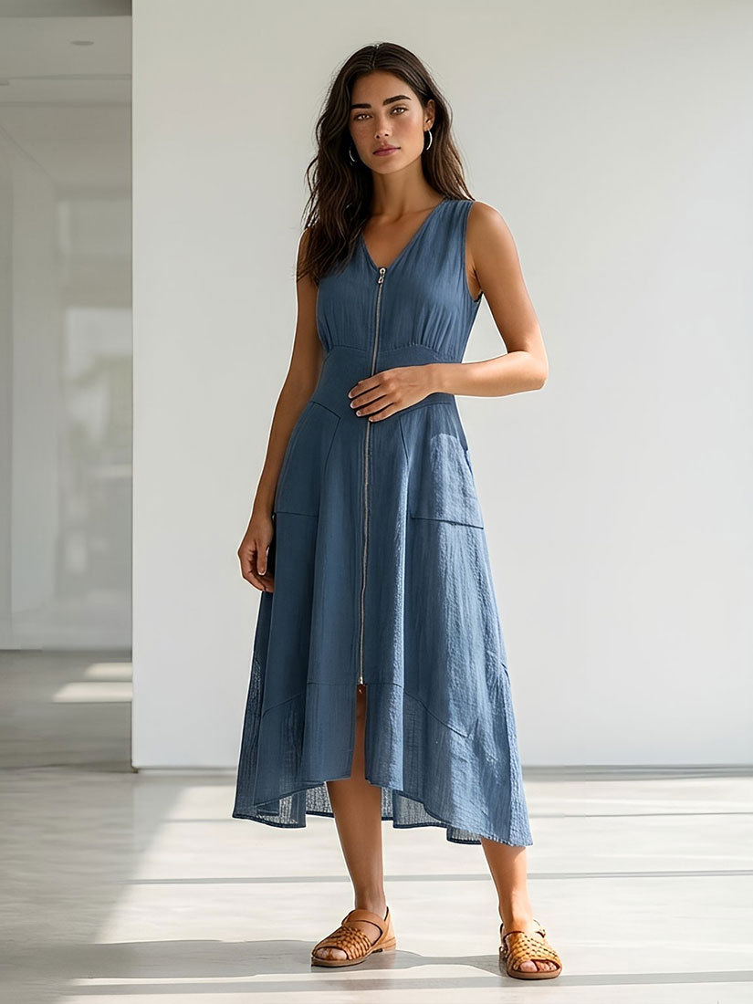 LOREL Zip Linen Midi Dress