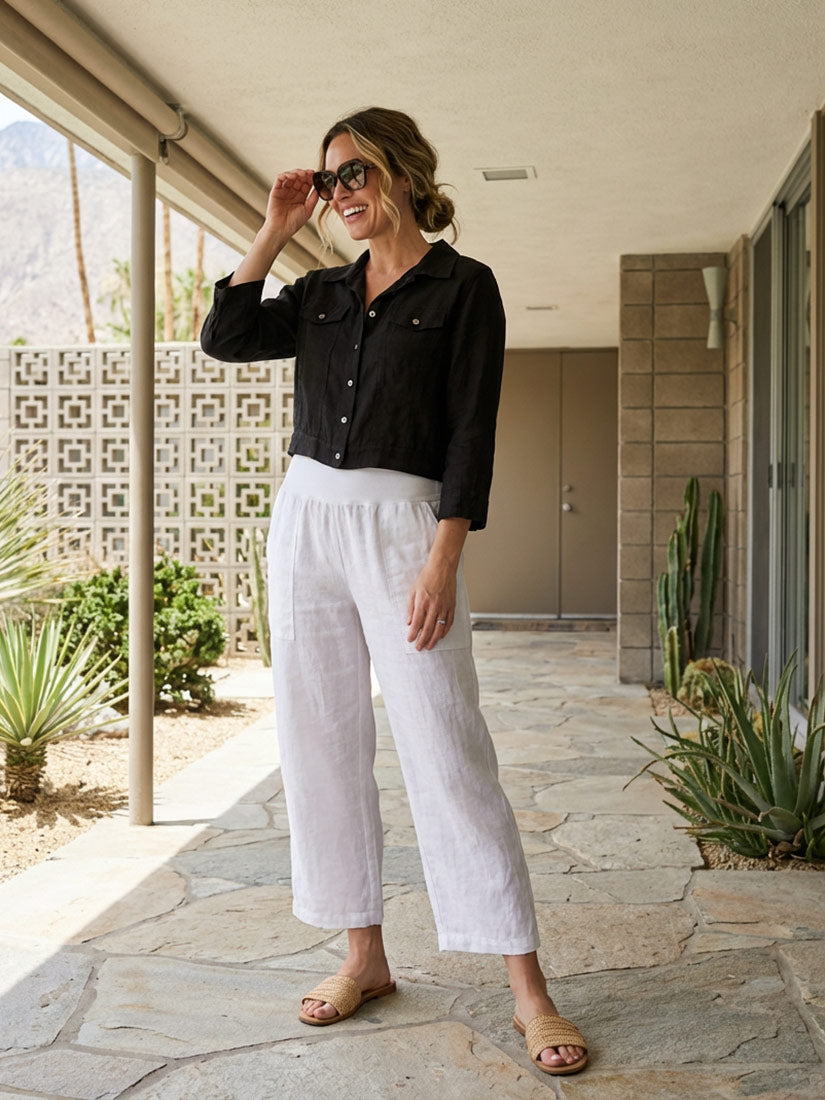 menlow cropped linen jacket from inizio in black