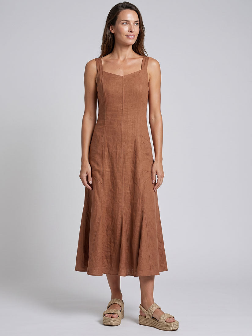 inizio mason linen maxi dress 90972 cafe a sleeveless brown linen midi dress with a square neckline and wide shoulder straps, paired with beige platform sandals, against a light gray studio background.