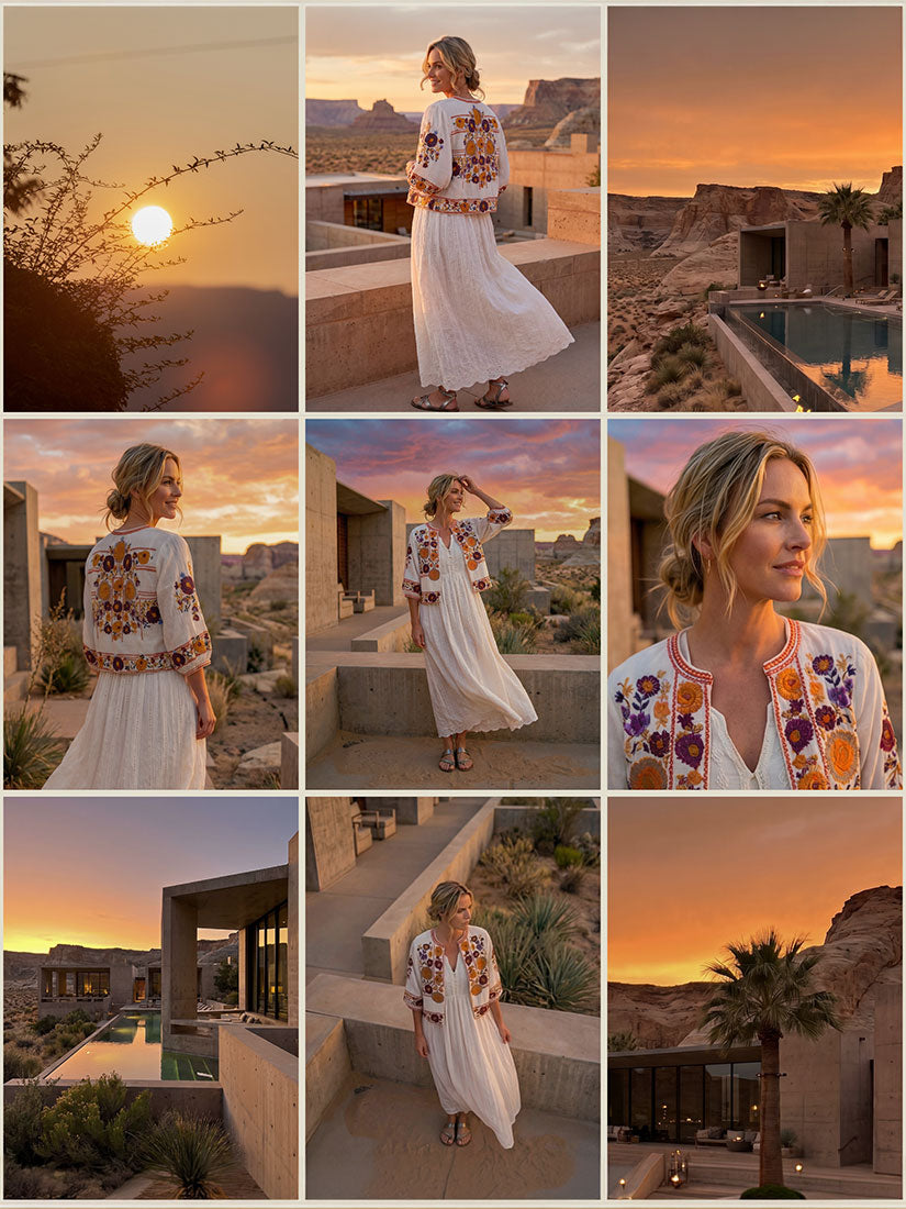 A 3x3 collage of outdoor lifestyle photos featuring a woman wearing a white maxi dress with colorful floral embroidery, set against desert landscapes at sunset.