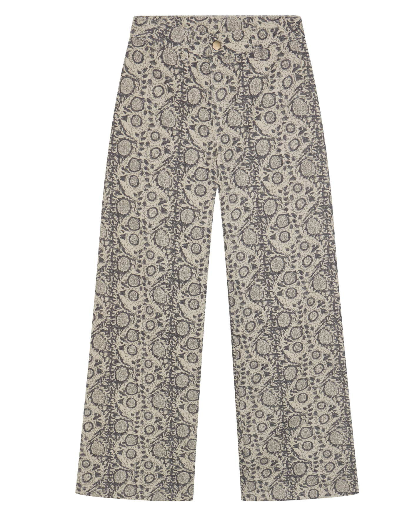 A pair of wide-leg trousers featuring an all-over abstract snake-skin style print in beige, gray, and black, with a small gold button closure at the waist.