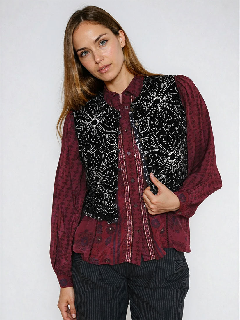 maison hotel emilie blouse chateau bordeaux print on red hair model