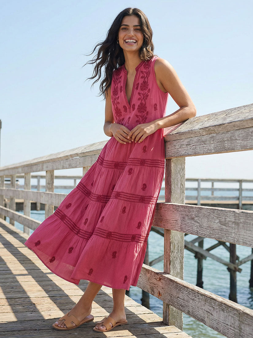 lili embroidered dress in strawberry from maison hotel on carolina on pier lifestyle