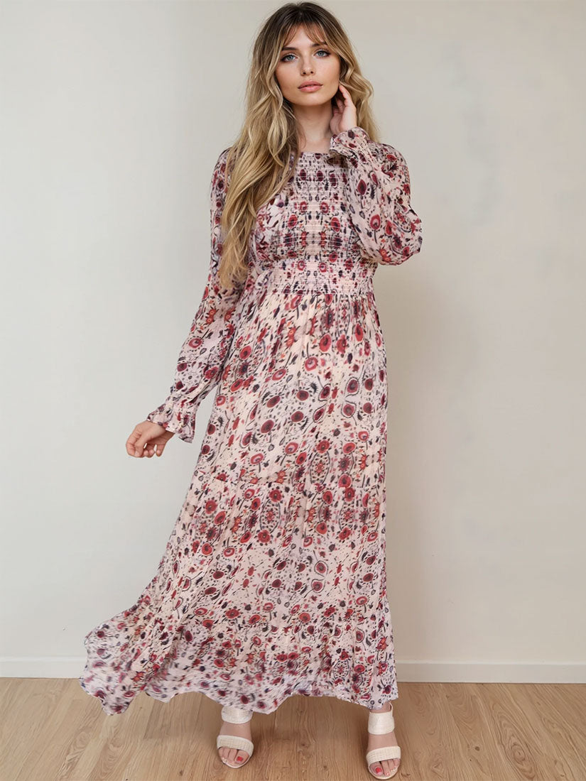 maison hotel lolita maxi dress coquillage floral print on blonde hair model