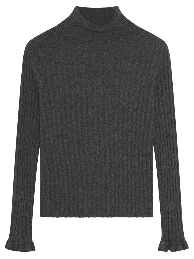 A dark gray ribbed knit turtleneck sweater with long sleeves and flared cuffs, shown against a plain white background.