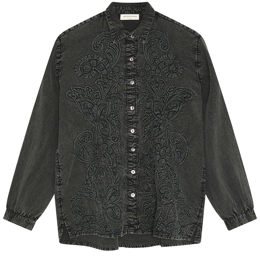 A dark charcoal gray denim shirt jacket featuring intricate tonal paisley embroidery across the front, a button-down front, and a classic collar, shown against a plain white background.