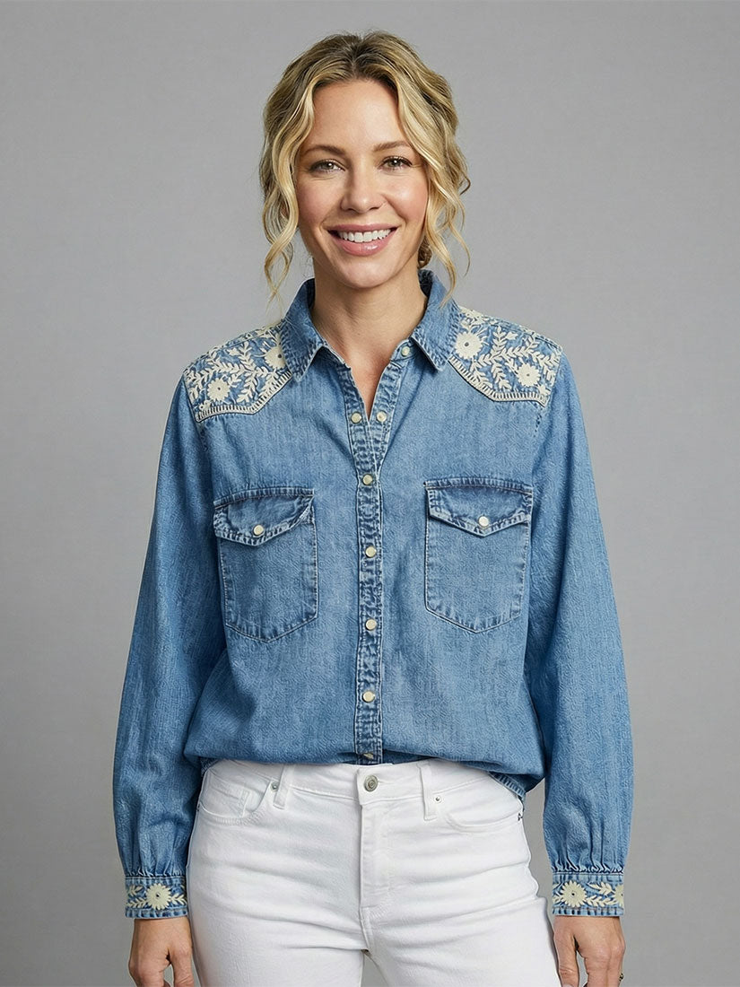 thelma embroidered denim shirt from maison hotel in studio
