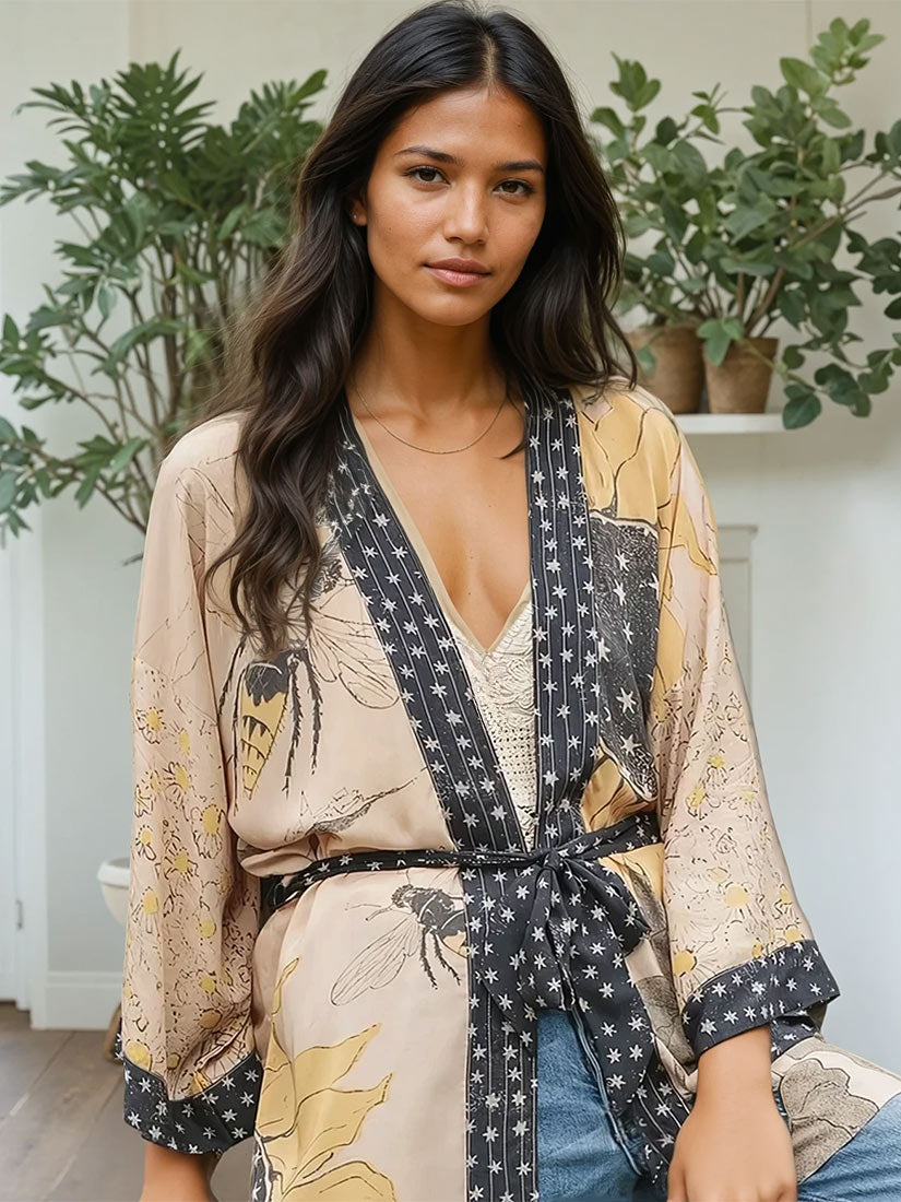 milk & honey matinée length bamboo viscose kimono on black hair model