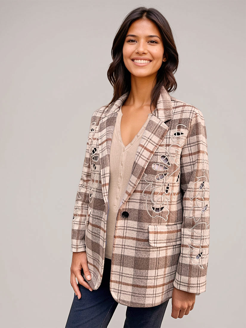 kinsley embroidered blazer jacket beige plaid by me369