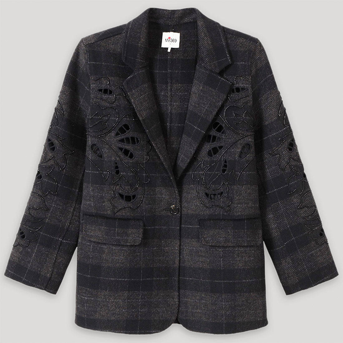 kinsley embroidered blazer jacket black plaid by me369 flat