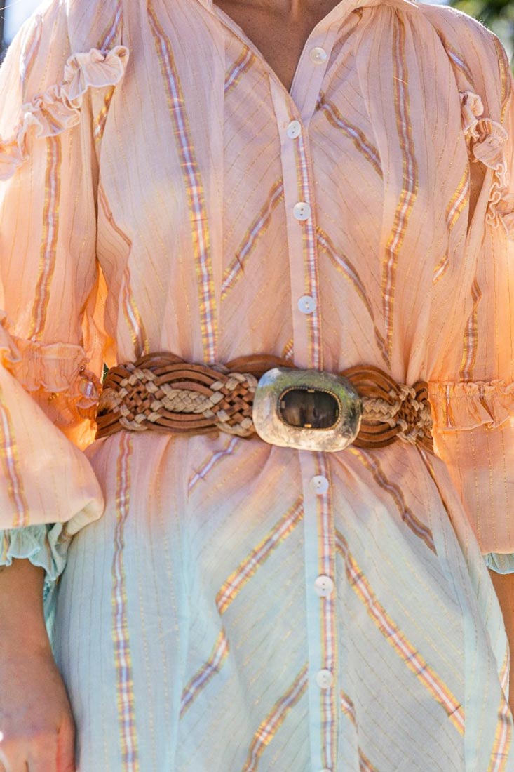 miss june lea woven leather belt natural adjustable on model