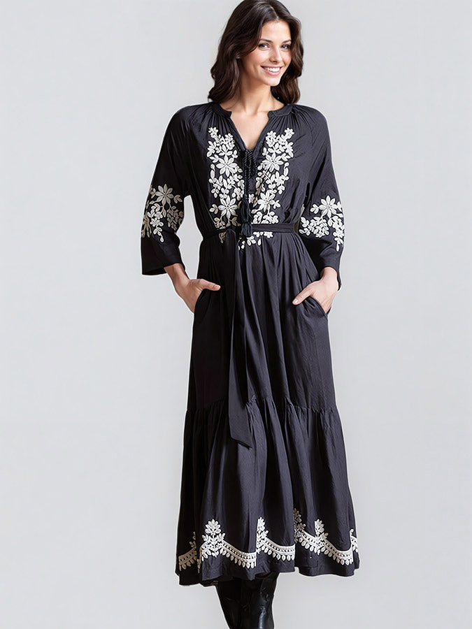 miss june louison embroidered midi dress black