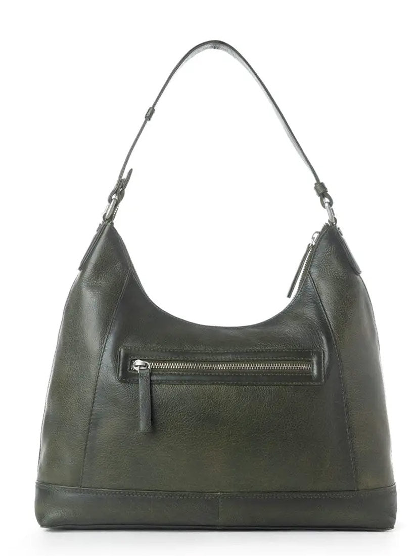 An olive green leather hobo shoulder bag with a front zippered pocket, photographed against a plain white background.