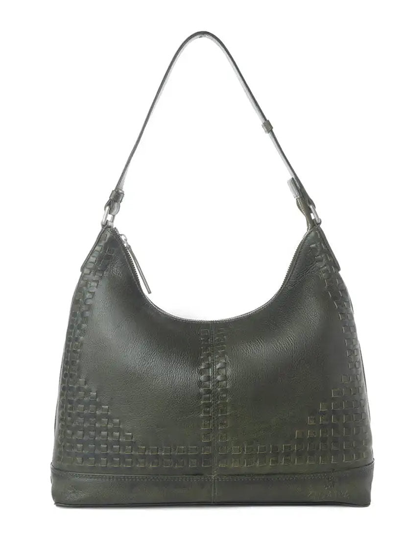 An olive green leather hobo shoulder bag with woven basketweave detailing on the front and sides, shown against a plain white background.