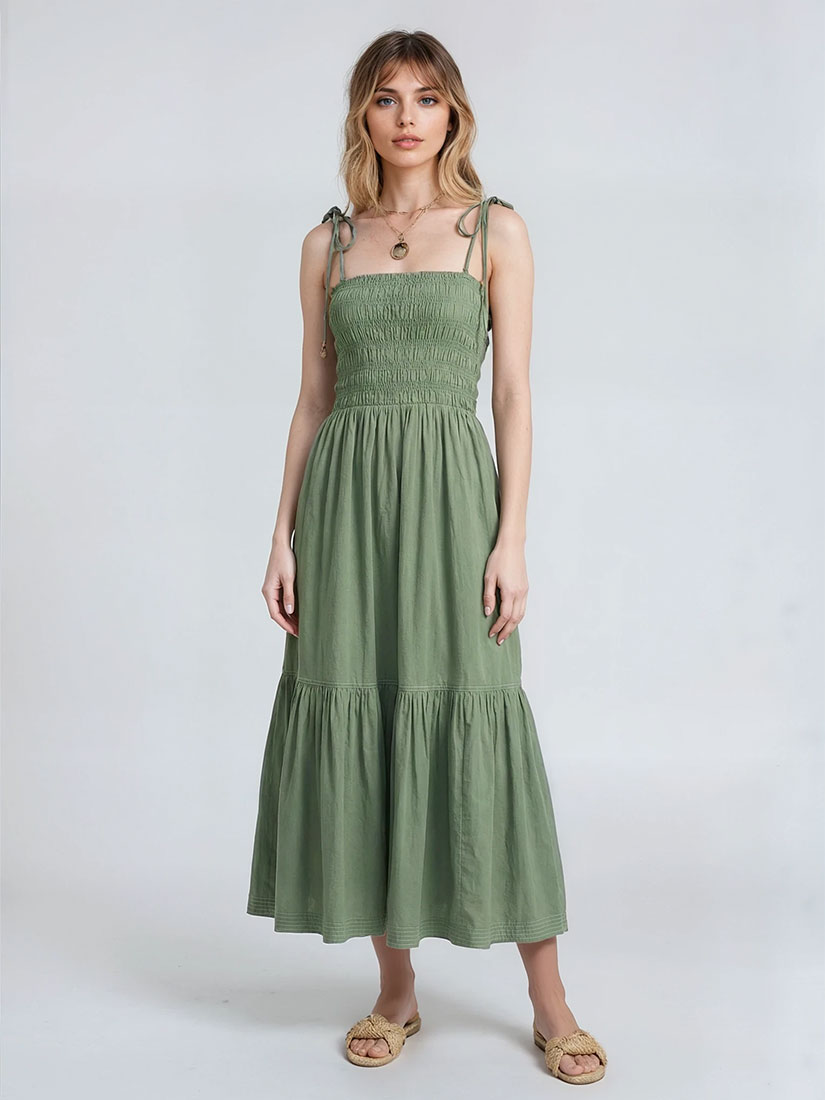omika adley maxi in palm green on blond model in studio