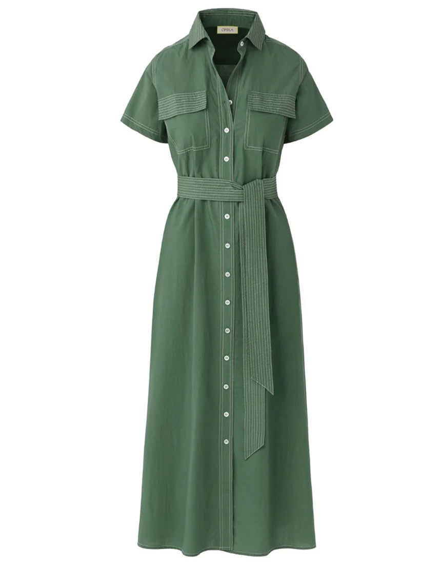 A green short-sleeve button-front shirt dress with a matching waist tie belt, shown on a plain white background.