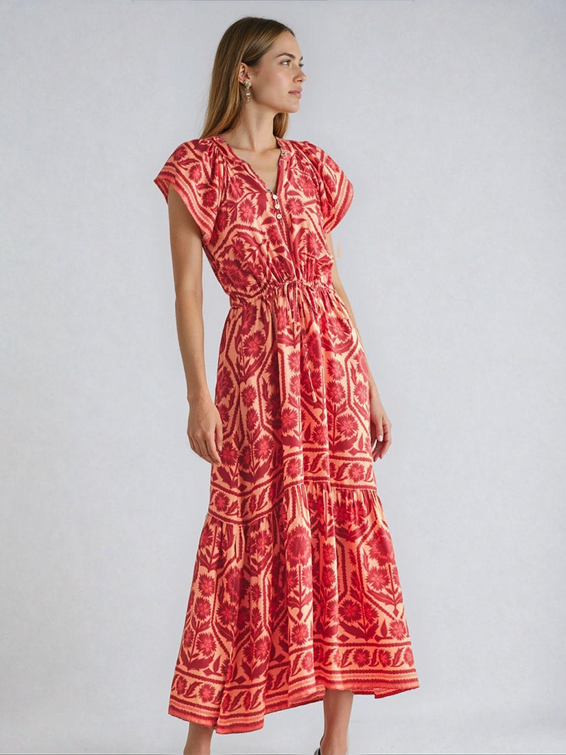 omika cora midi dress tessa goji print bestseller on brown hair model