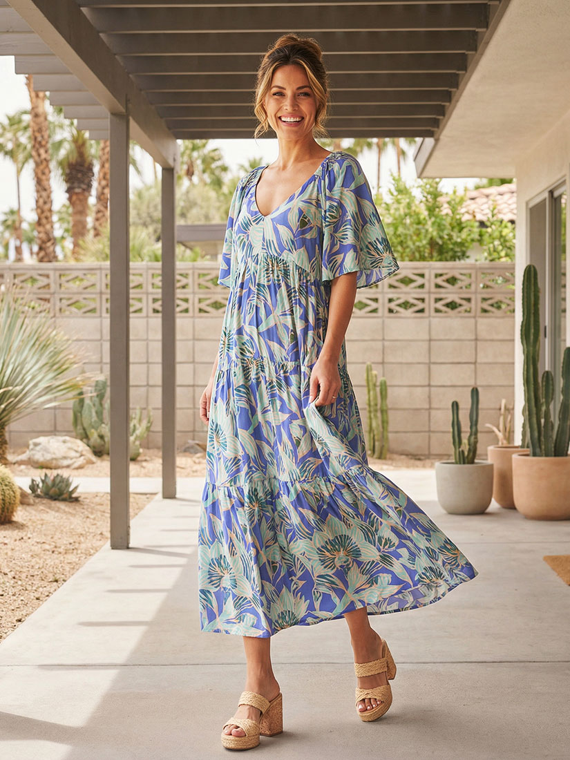 omika hollis maxi dress in thea cornflower print on brown hair model