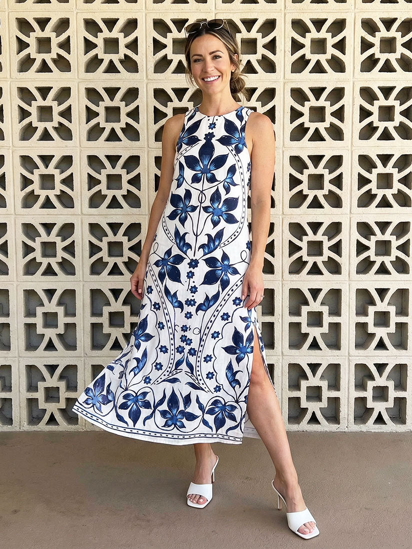 maggie midi dress ceci bluestone print blonde woman