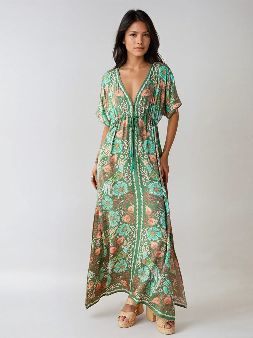 Omika Pia Caftan kala kelp green print