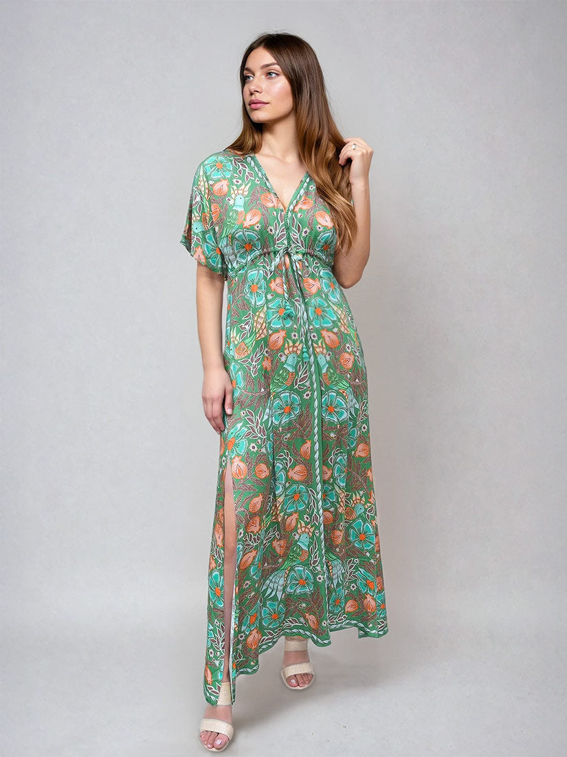 Omika Pia Caftan kala kelp green print