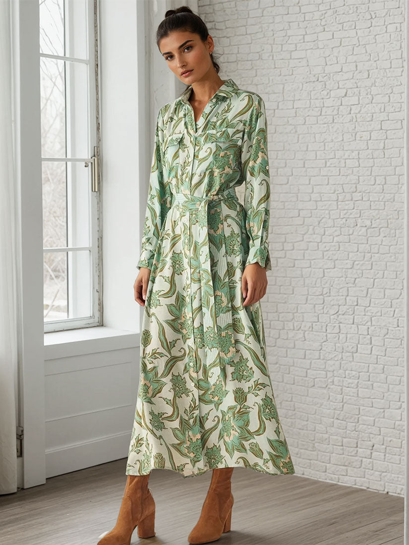 omika palma maxi dress anissa moss print on black hair model