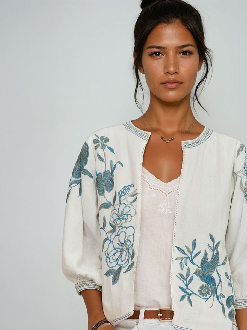 ori embroidered jacket by M.A.B.E spring 2026 on black hair model