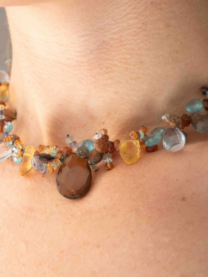 multi gemstone dreamer neck on model from rituals jewelry