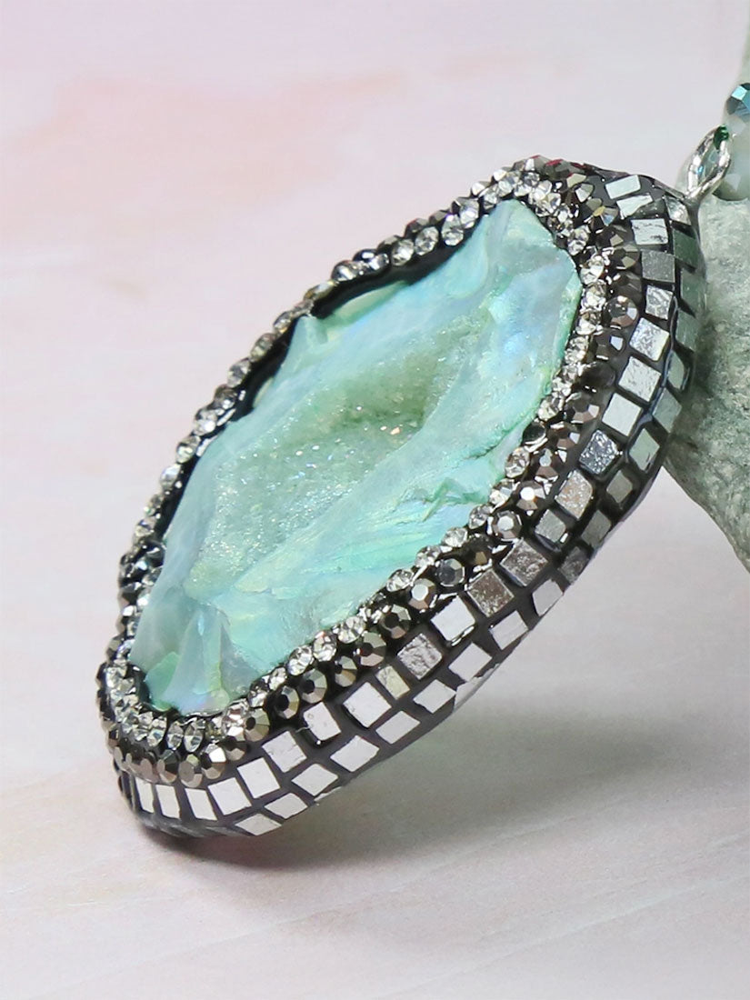 myana statement necklace with green druzy pendant by rituals jewelry close up