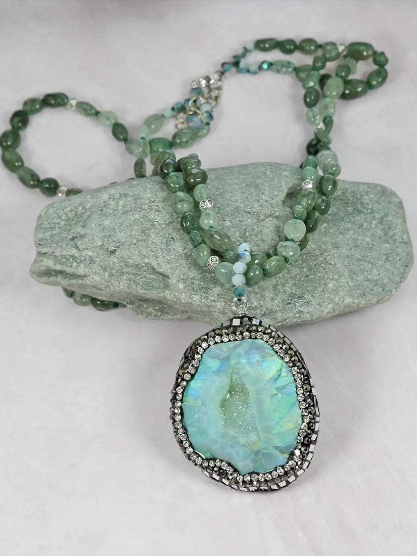 myana statement necklace with green druzy pendant by rituals jewelry