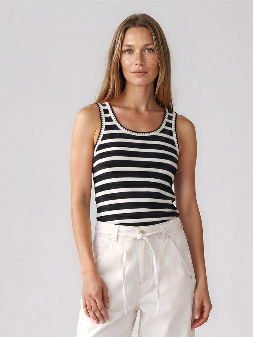arden black and white striped tank with crochet edge from summum