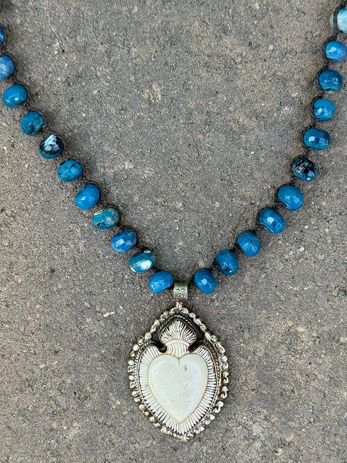 heart and soul carved bone, repousse silver and blue agate