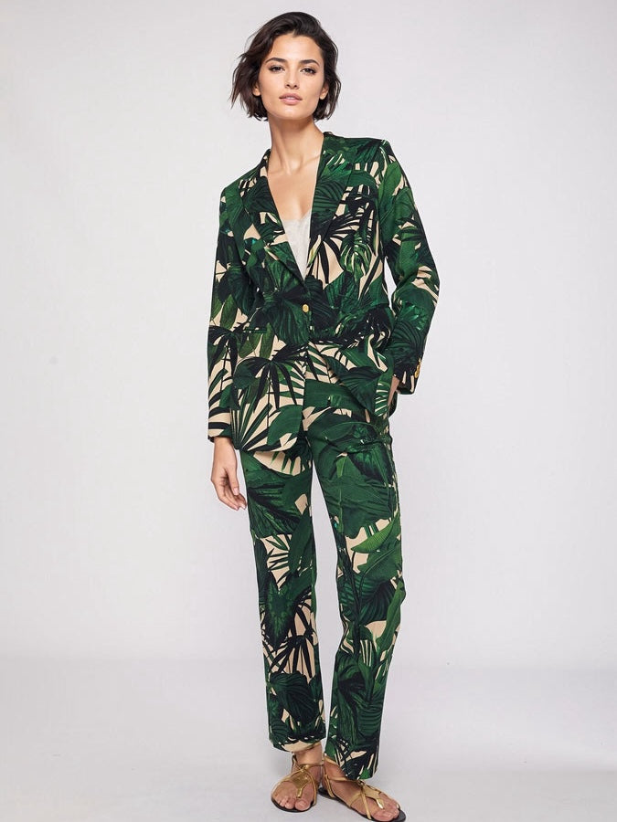 vilagallo sophia green palm print blazer jacket on brown hair model