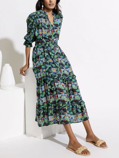 Emily Lovelock ADELA Black Tropical Print Midi Dress 