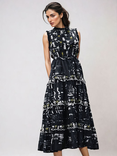 Emily Lovelock RACHEL Black Pineapple Print Maxi Dress 
