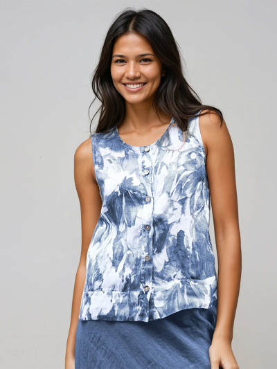 REECE Button Linen Vest Top Print
