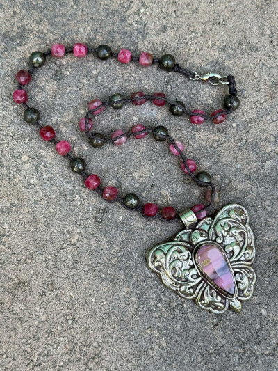 Pink Agate Butterfly Pendant Necklace