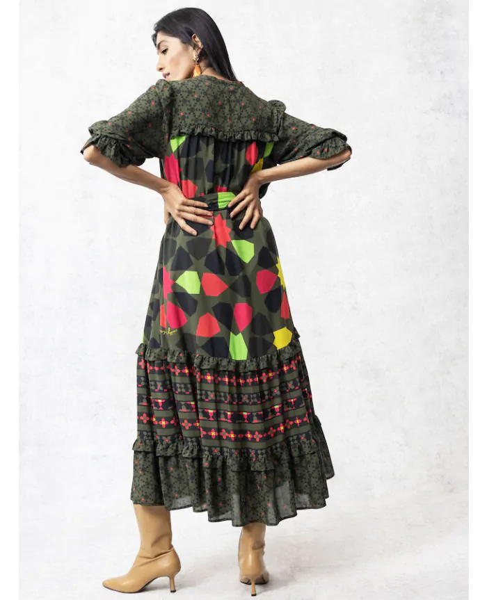Emily Lovelock Adela Black Geometric Print Midi Dress -S