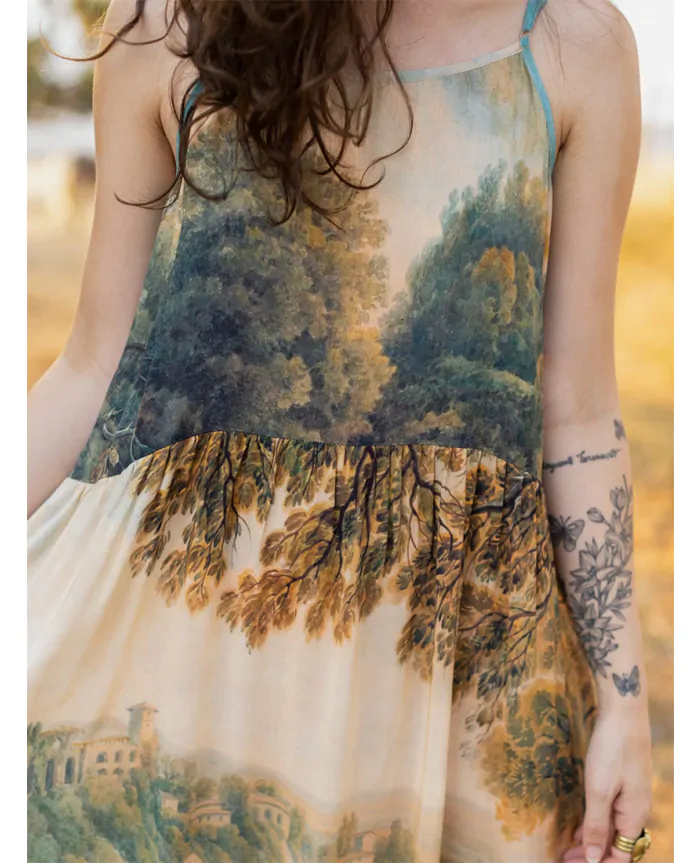 bohemian slip dress Women's Bohemian Style Elegant Sleeveless Round Neck Ditsy Floral Pleated Chiffon Midi Slip Dress, Suitable For Summer Beach Vacation