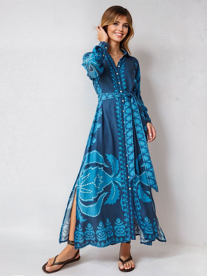 knee length dresses for ladies Denim Pinstripe EMMA Maxi Dress  OFUURE